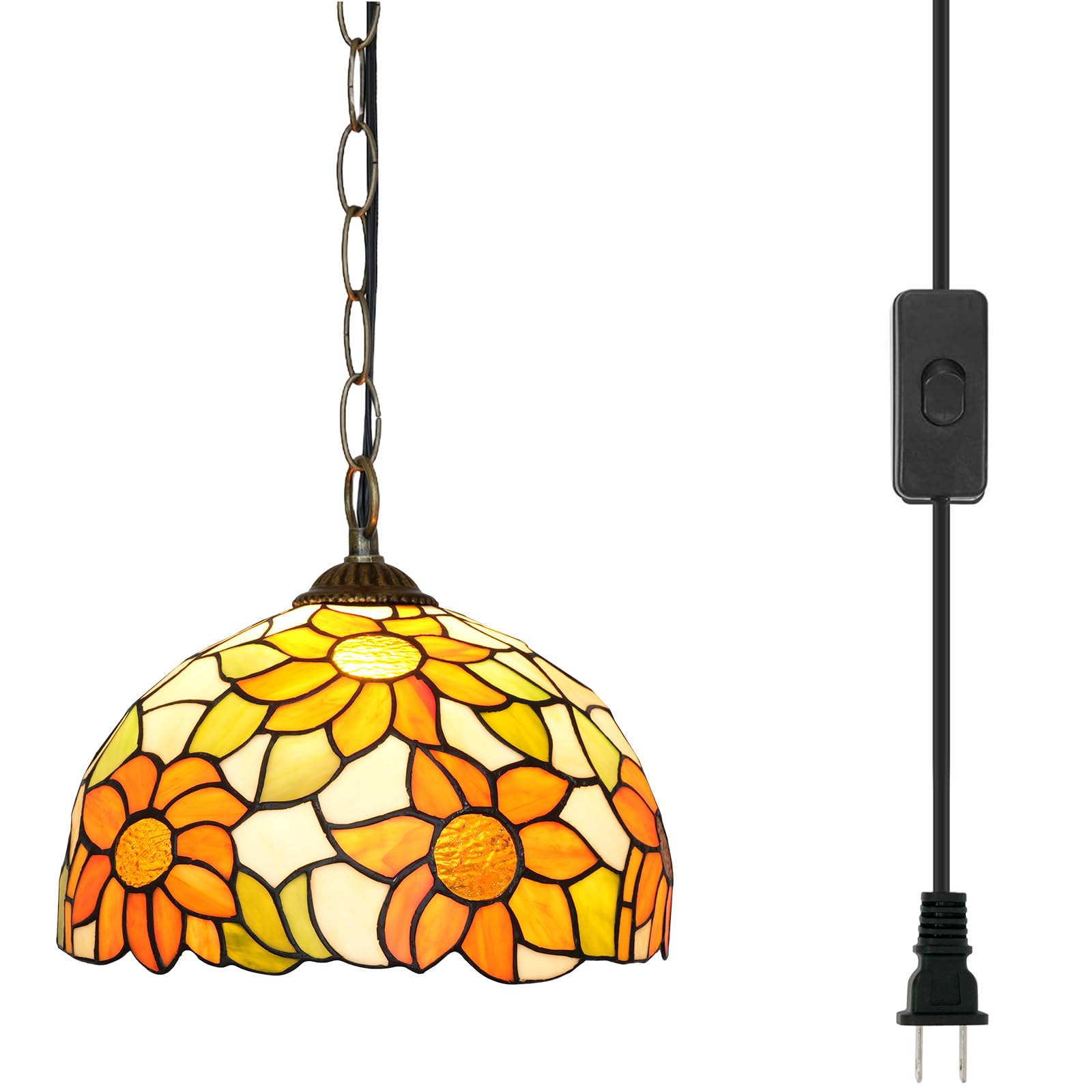 Tiffany Pendelleuchte 12 Zoll Gelbe Sonnenblume Buntglas Pendelleuchte Vintage Style Hängelampe für Home Decor Küche Insel Esszimmer Flur Bar