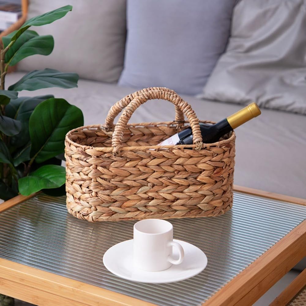 Panier en jacinthe d'eau tissée avec poignées, naturel, rectangulaire, 37 cm x 18,5 cm x 27 cm, sac de rangement et de pique-nique