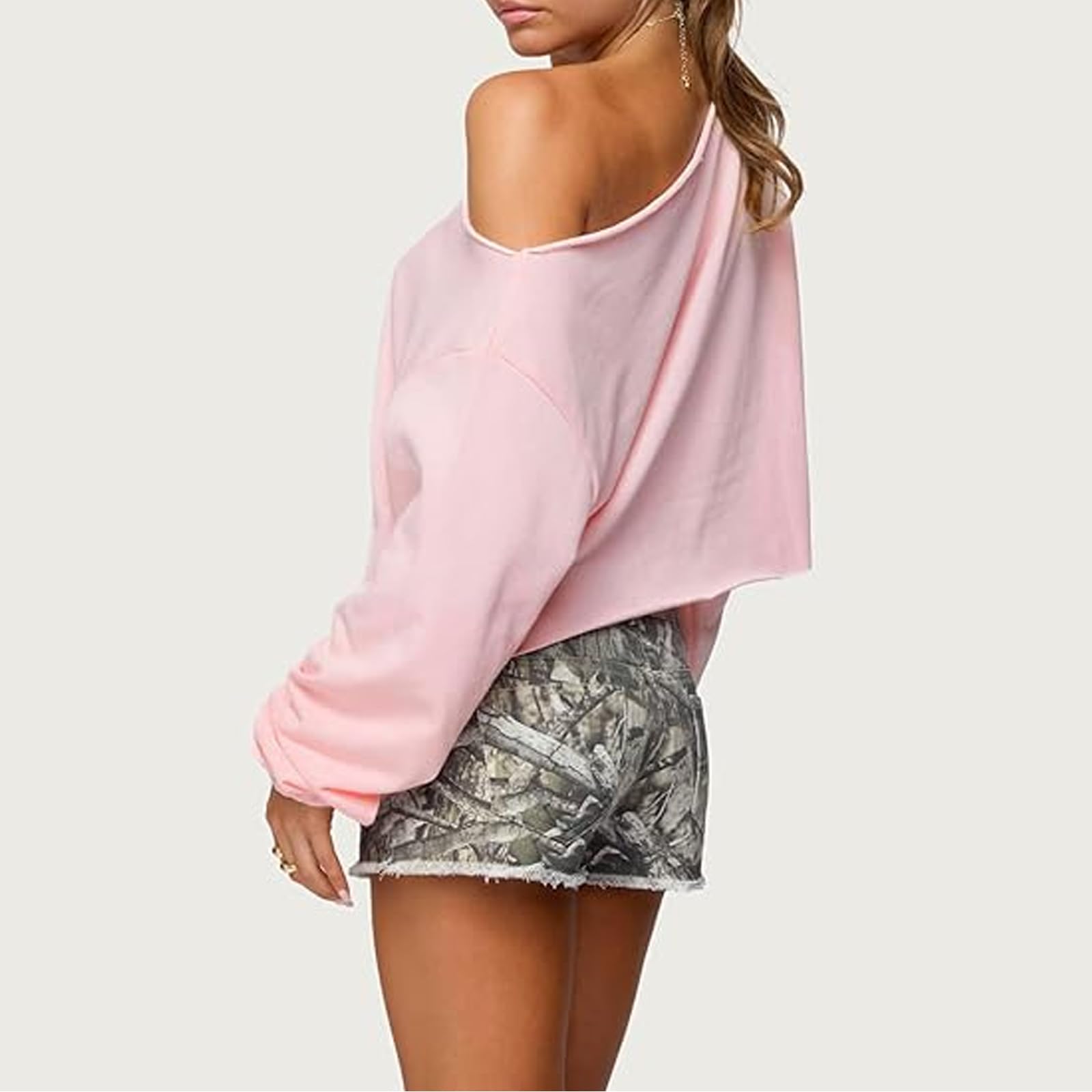 GXNRHG Las Mujeres Y2k de Gran tamaño Fuera del Hombro Crop Tops Casual Suelto Manga Larga Salir Jersey Sudadera Ropa Estética