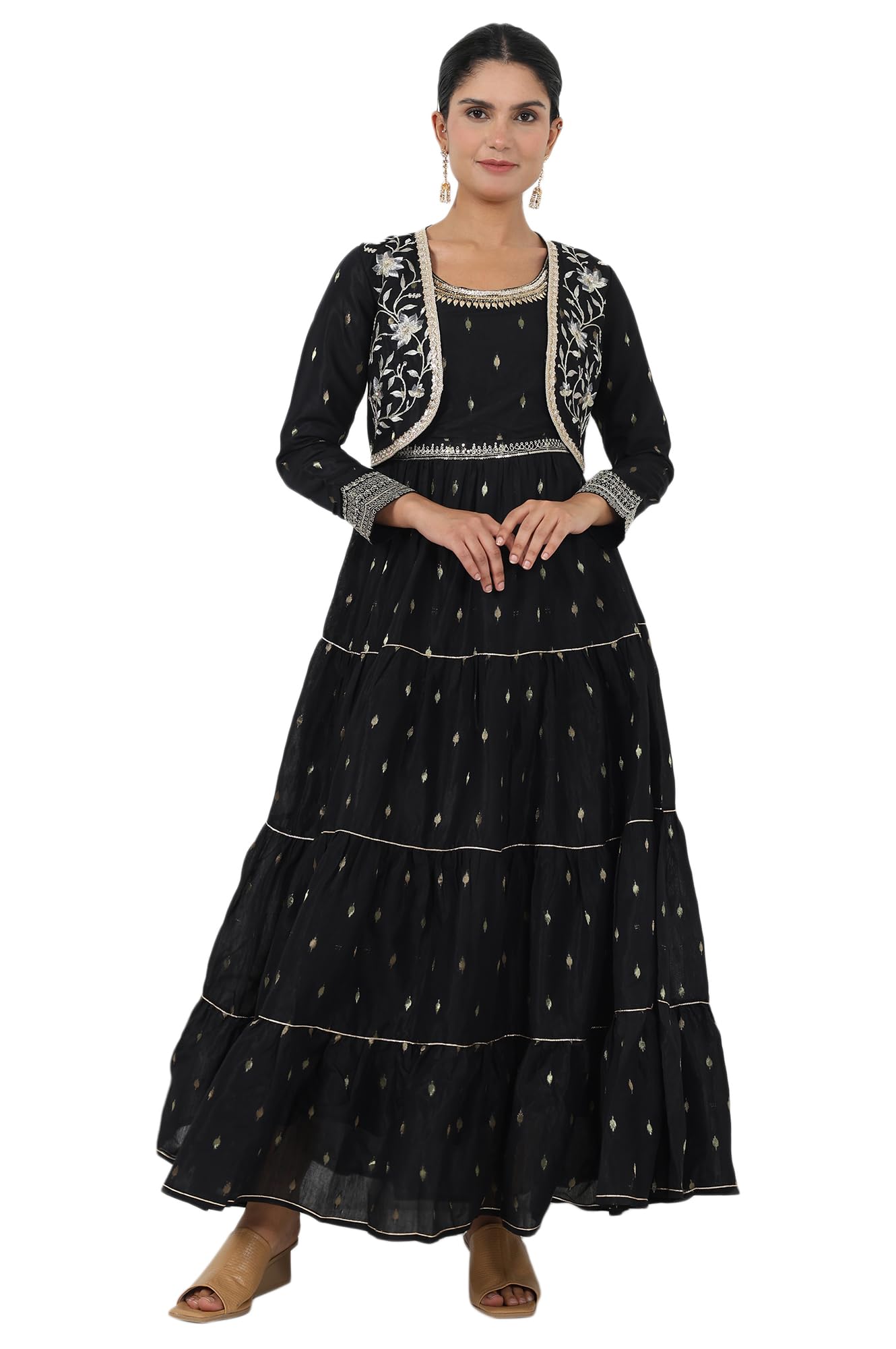 Women's Black Abstract Printed Dori Embroidered Jacquard Flared Dress and Jacket Set