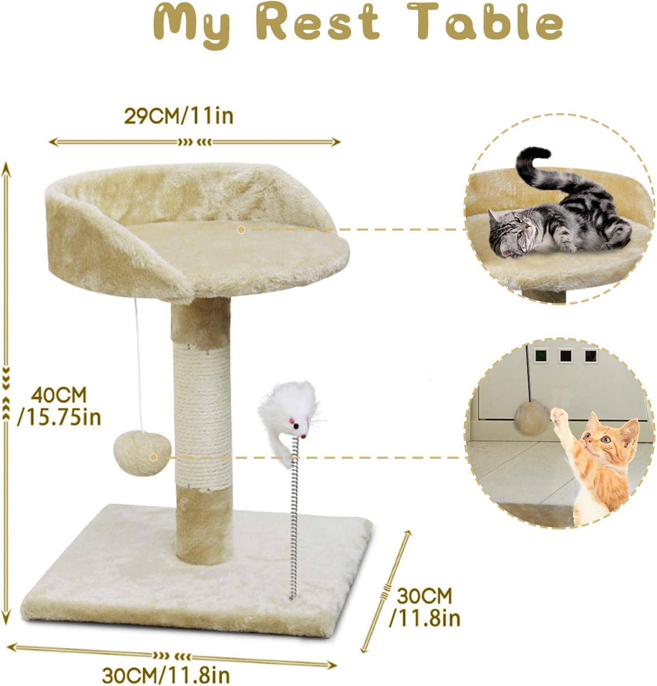 YMINA Cat Tree for Kittens Cat Tower for Small Cats Activity Tree with Sisal Scratching Post Cat Platform with Hanging Balls and Spring Mouse (Beige)