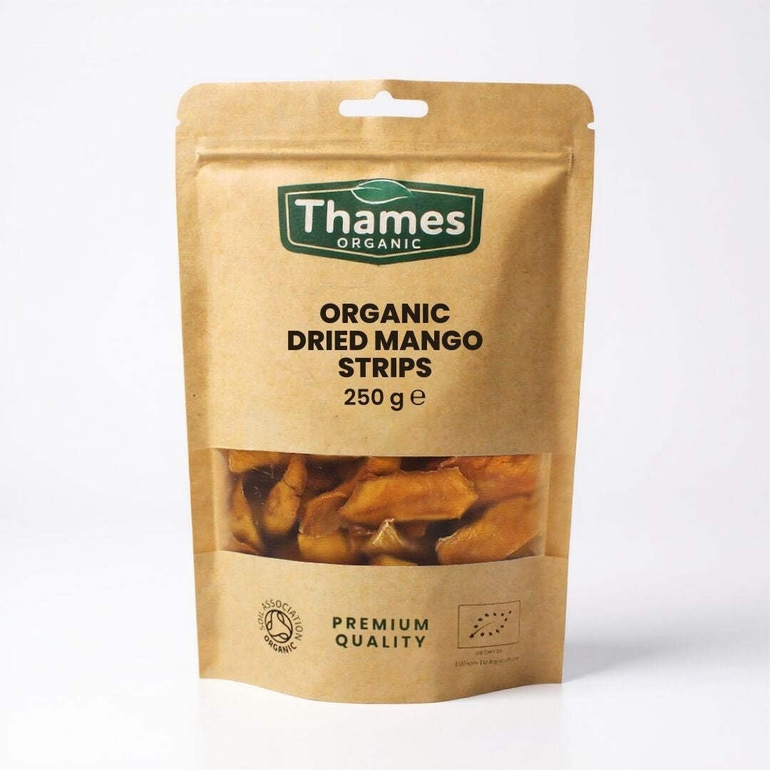 Organic Mango Strips (Dried) - No Additives, No Preservatives, Unsweetened, Sun Dried, Untreated, Raw, Vegan, GMO-Free - Delicious Snack - Thames Organic 250g