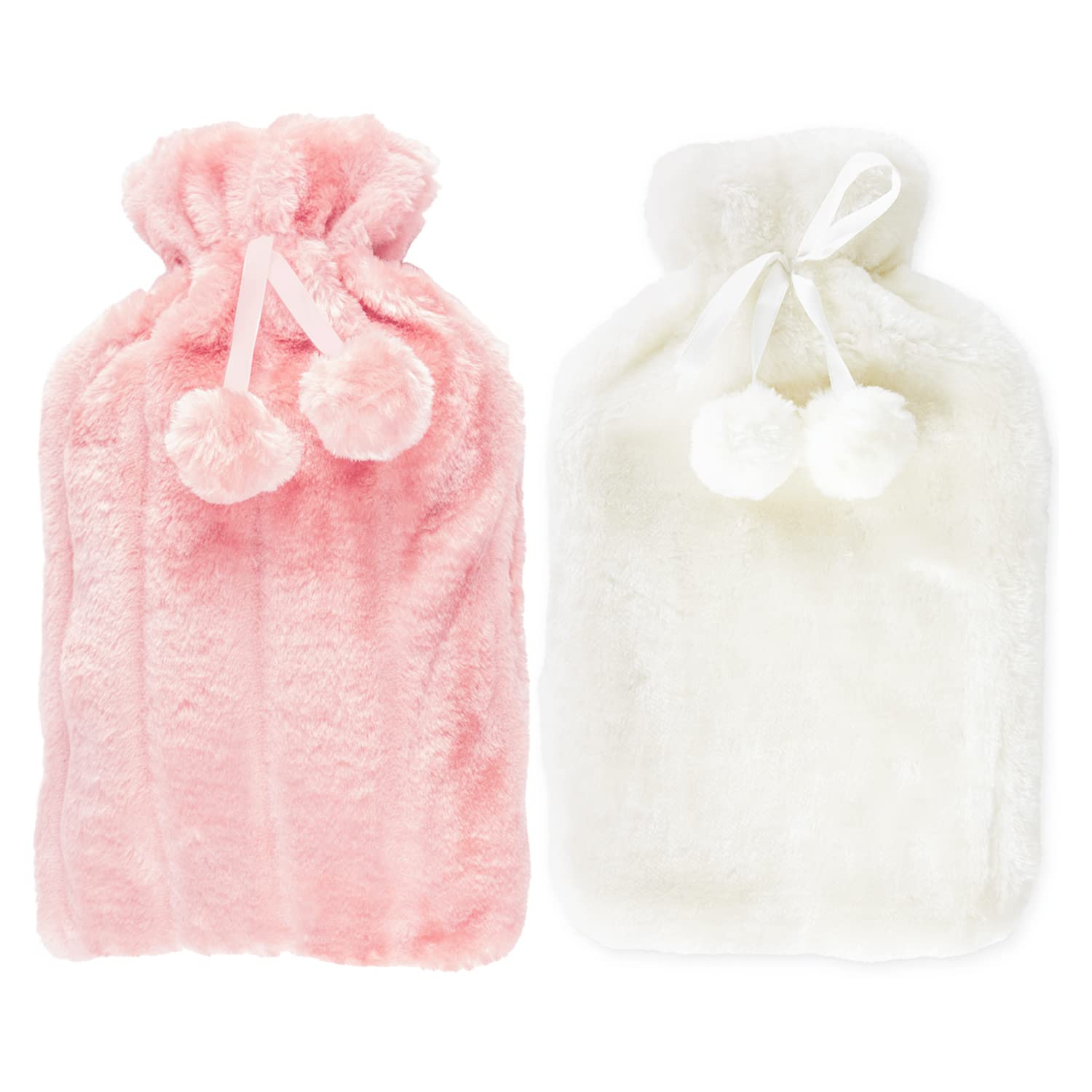 2 x Wärmflaschen mit Deckel UK – 2 x Naturkautschuk 2 Liter Wärmflaschen – perfekter Wärmbeutel zur Schmerzlinderung, Handfüße wärmer (Cremeflaschen mit 1 x Rouge Pink & x 1 x weißer Abdeckung)