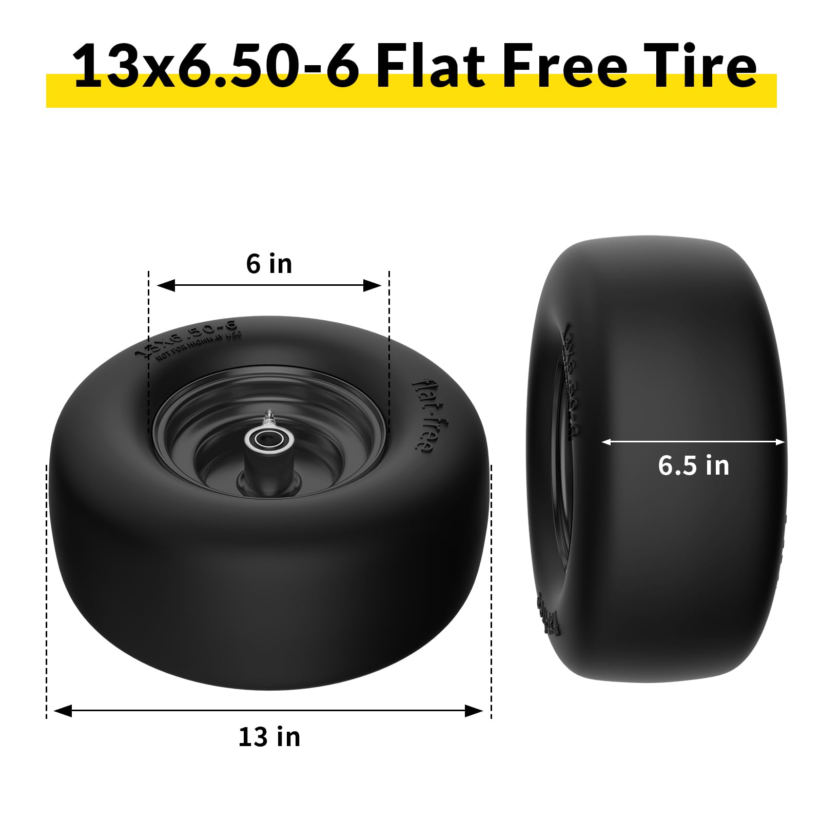 TEPU Neumático y rueda para cortacésped plano de 13 x 6.50-6, repuesto para cortacésped de giro cero, neumático delantero de 13 x 6.5-6, carga de 500 libras, con rodamiento de 3/4 pulgadas, 5/8