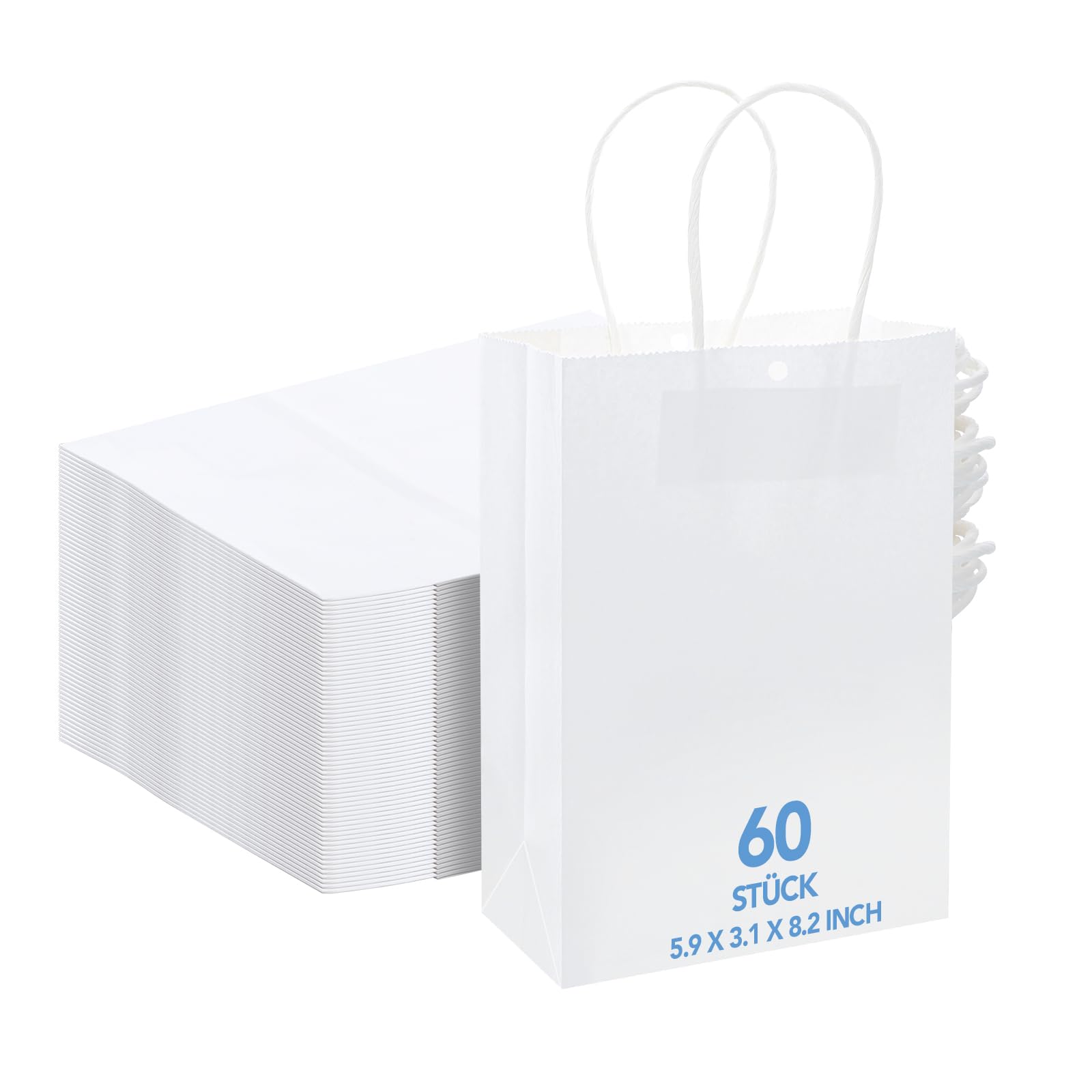 60 stuks papieren zakken met handvat, wit, 15 x 8 x 21 cm, kleine papieren draagtassen, kraftpapieren zakjes, kleine cadeauzakjes met handvat, voor verjaardag, bruiloft, babyshower, doop, jubileum