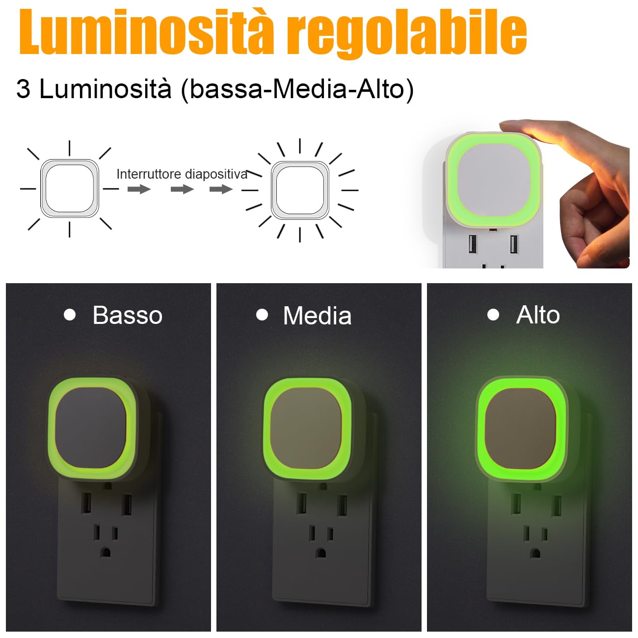 YUNLEX Presa di Luce Notturna con Sensore Crepuscolare, Luce Notturna Bambini 3 livelli di luminosità regolabile per Camera dei Bambini, Bagno, Corridoio, Cucina, Scale (Verde)
