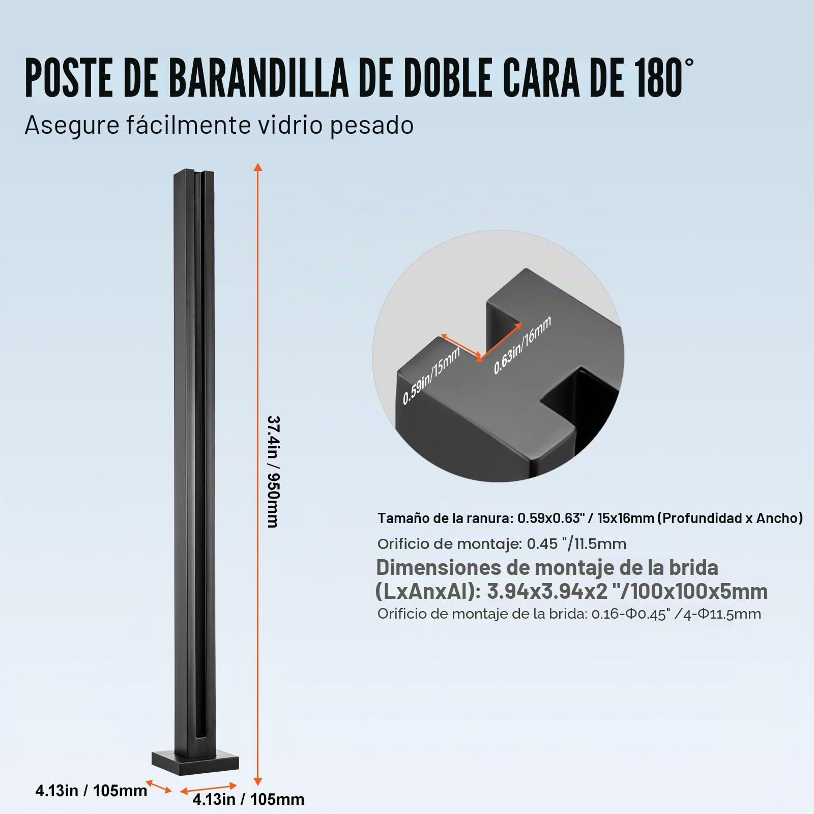 VEVOR Abrazadera de Vidrio, Soporte de Barandilla de Vidrio de 950 x 105 x 105 mm para Vidrio Templado de 10-12 mm de Espesor, Acero Inoxidable 304, para Balcón, Jardín, Cubierta, Escalera, Negro