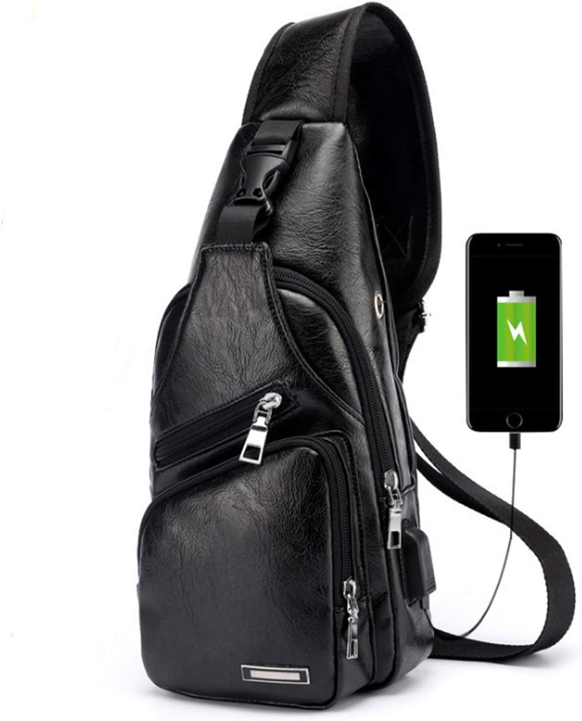 Men Shoulder Crossbody Sling Bag, PU Leather Chest Backpacks Crossbody Daypacks with USB Charging Port for Outdoor Activities (Black)