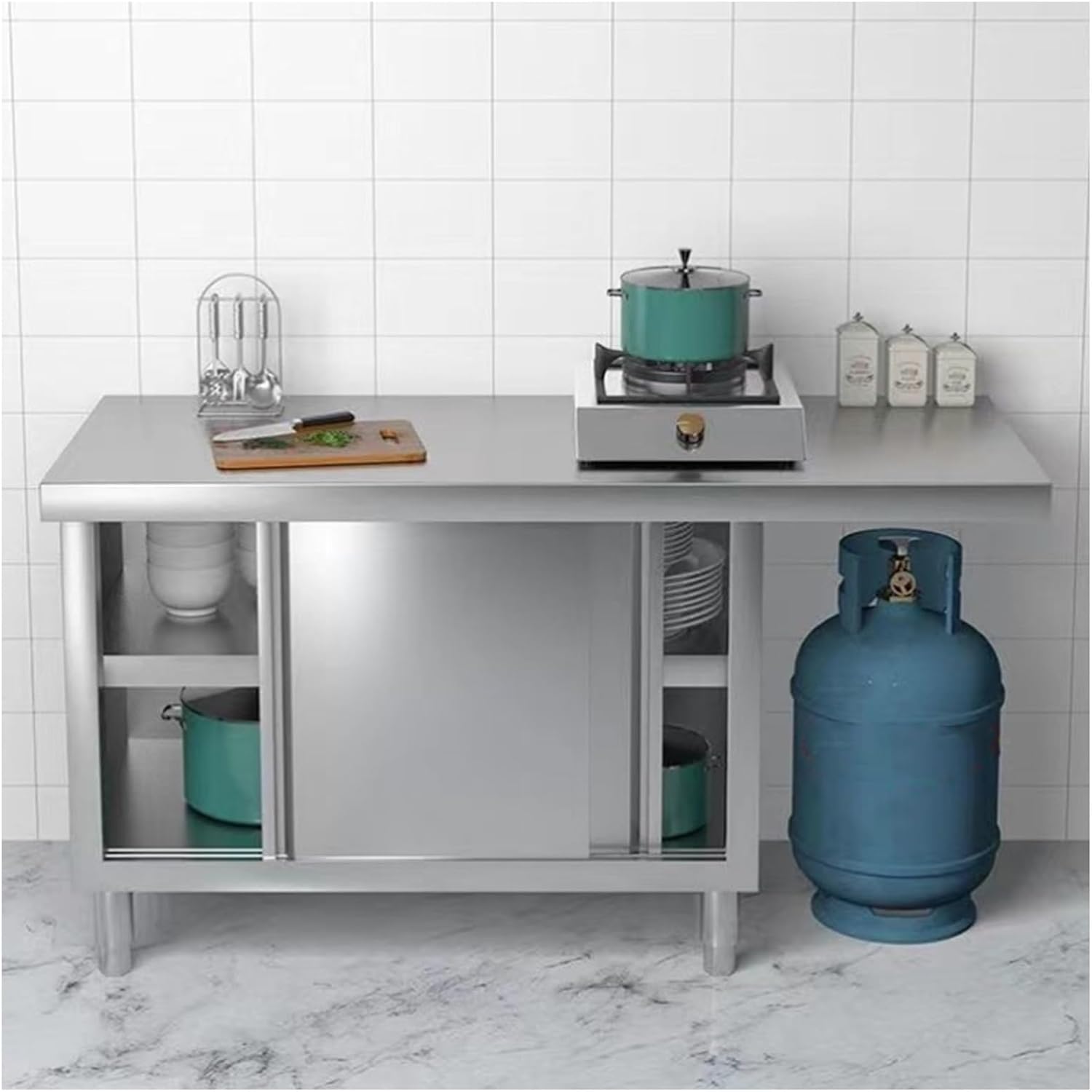 1 Piece Stainless Steel Workbench Open Kitchen Cabinet with Double Sliding Doors and Shelves Load 500 Kg No Assembly Required