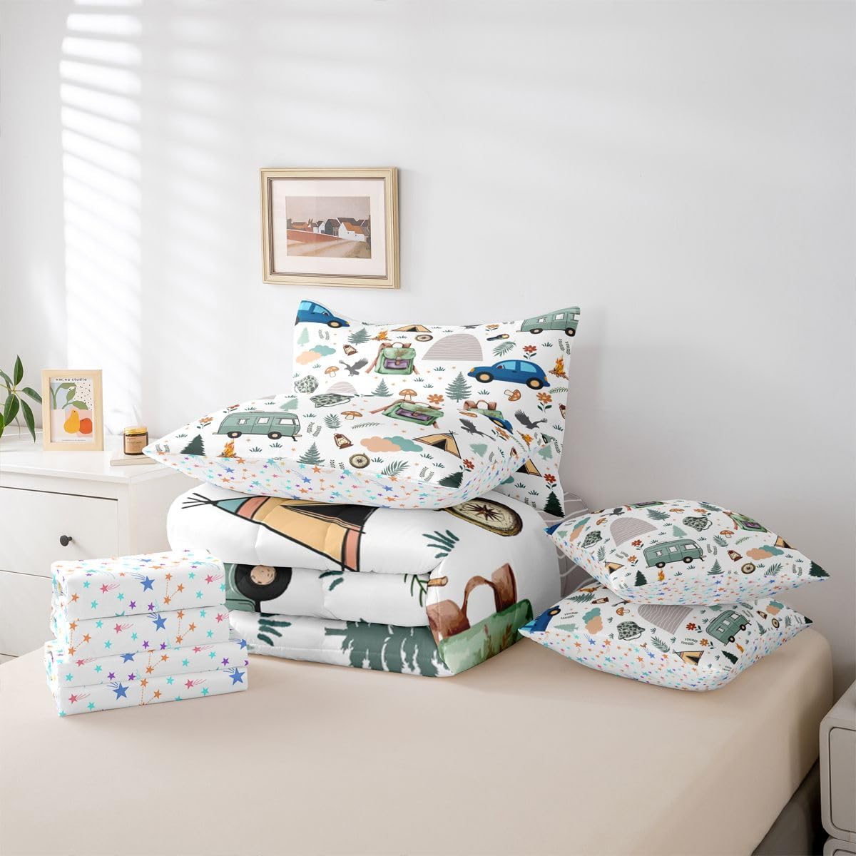 Feelyou Camper Theme Comforter Set with Sheets 7 Piece Queen Size Happy Camping Bedding Set for Kids Boys Girls Car Rv Accessories Bed in a Bag Mountain Adventure Room Decor Soft Microfiber