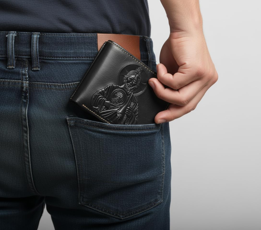 Minimalist Leather Wallet for Men – Saint Jude Embossed Bifold – Slim Western Religious Wallet - Image 2