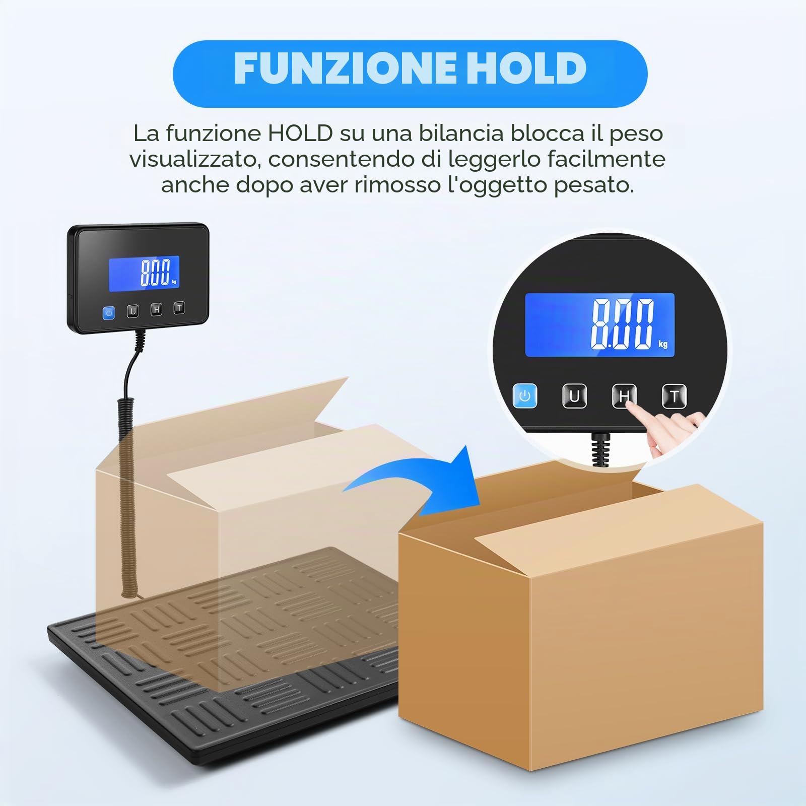 Bilancia Pesa Pacchi 300kg Digitale, Bilancia Postale con Funzione Hold/Tare, Schermo LCD Separato, Piattaforma Grande, Alimentazione a Batteria e USB, Ideale per Piccole Imprese e Pacchi