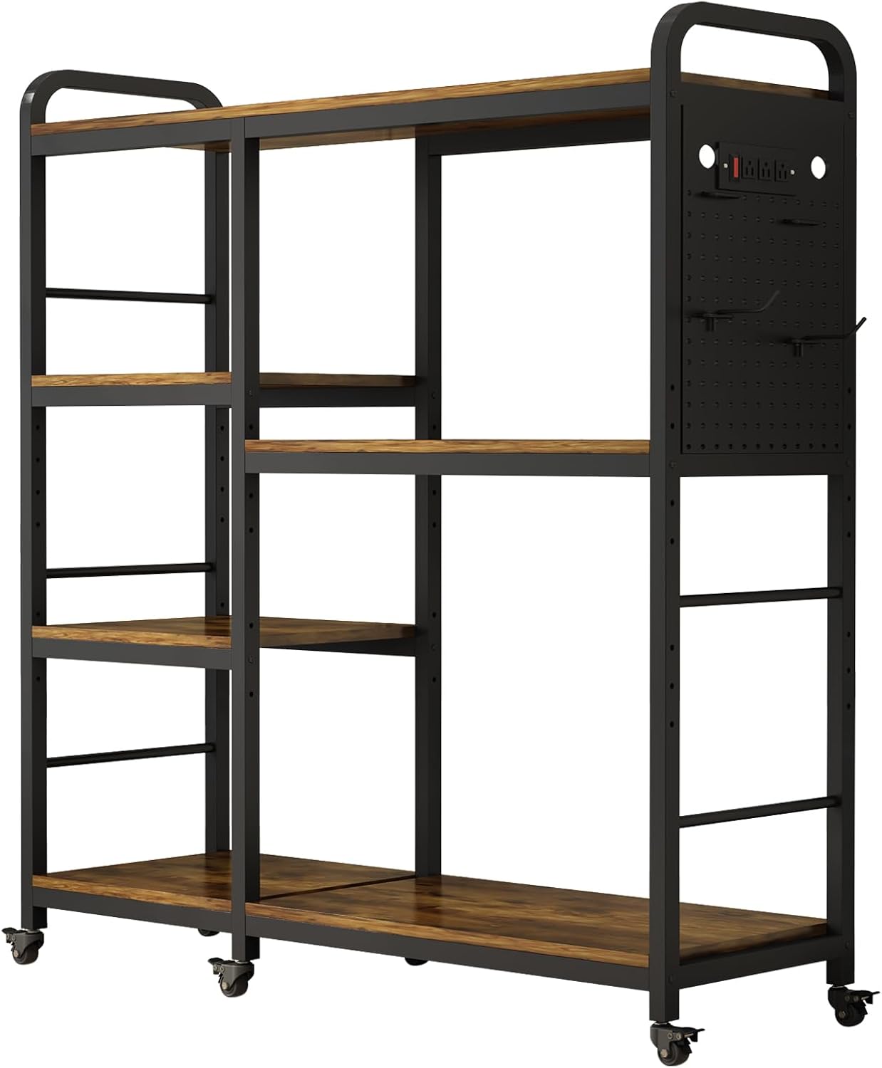 Bakers Rack with Power Outlet ，6-Tier Kitchen Baker's Rack,microwave cart,Microwave Stand with Storage Suitable for Kitchen, Living Room, Dinning Room，Coffee Bar(6-Wheels&9- Hooks) (Rustic Brown)