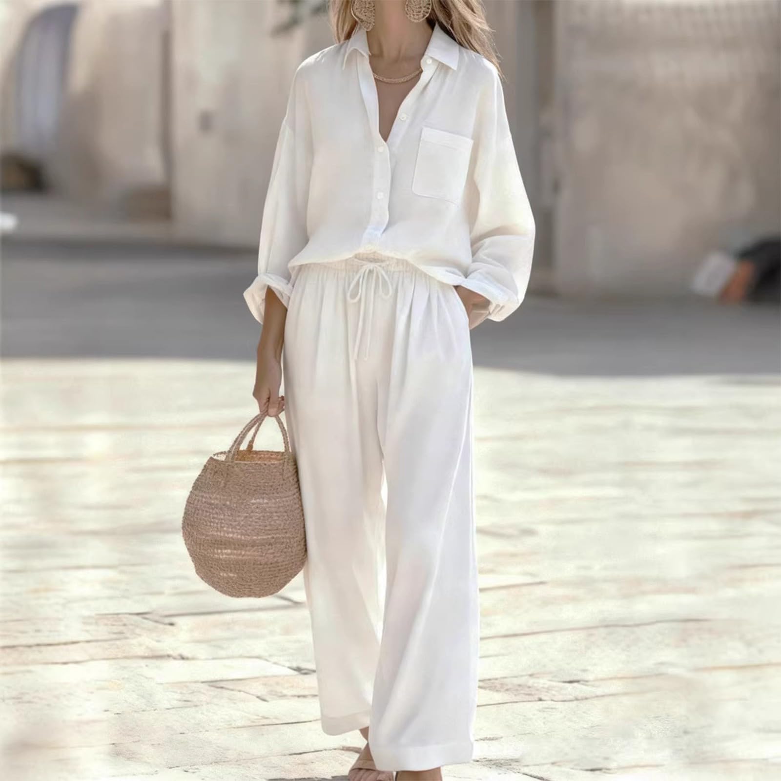 Completo estivo da donna, in lino, 2 pezzi, pantaloni lunghi estivi | Camicia in lino traspirante e pantaloni in lino, abbigliamento casual, tinta unita, set con camicetta in lino, leggera
