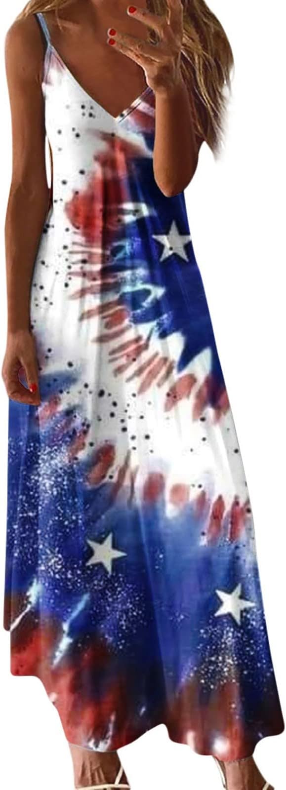 YihaojiaWomen's V Neck Tank Maxi Dress for July 4Th American Flag 4Th of July Patriotic Sundress Casual Star Strip Dress