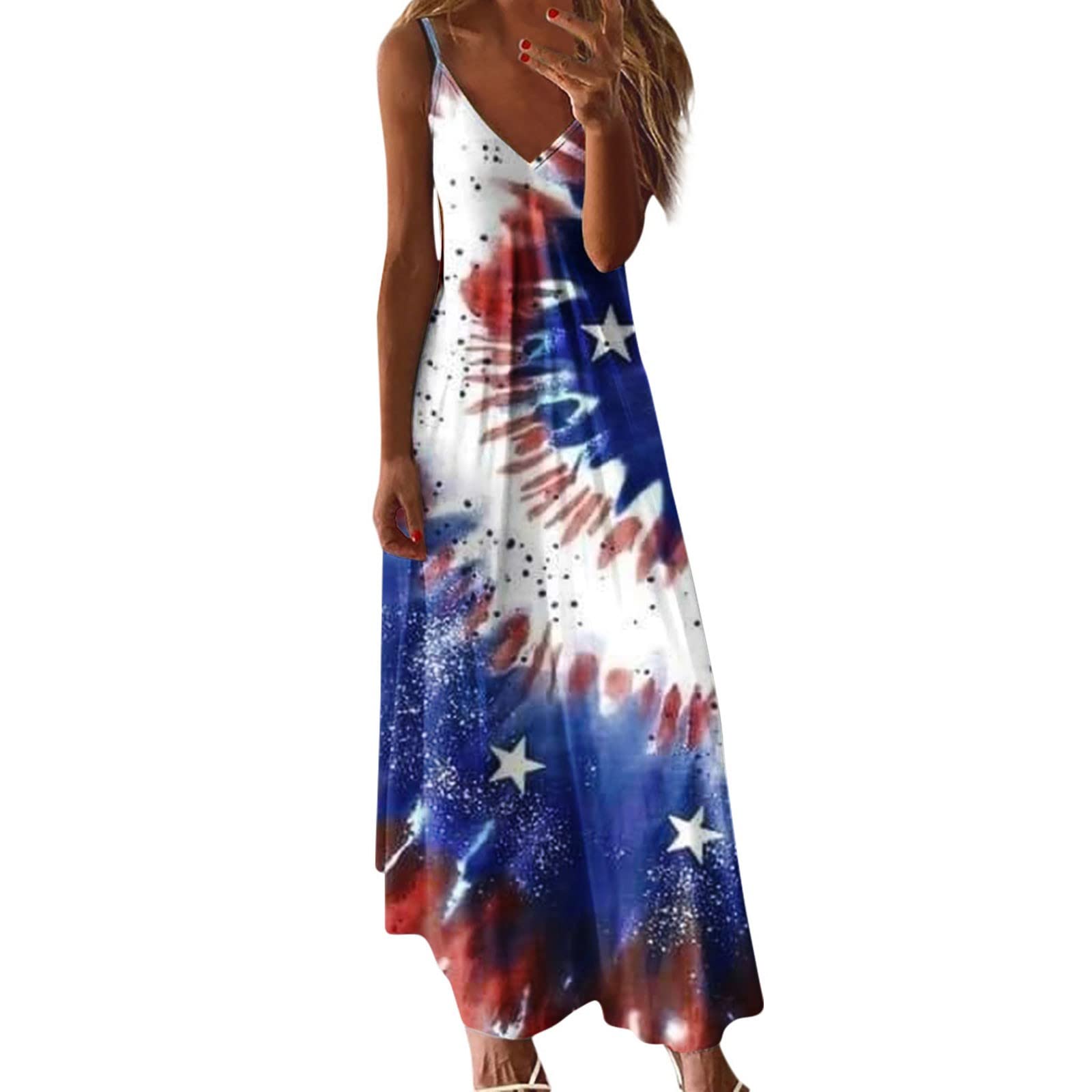 YihaojiaWomen's V Neck Tank Maxi Dress for July 4Th American Flag 4Th of July Patriotic Sundress Casual Star Strip Dress