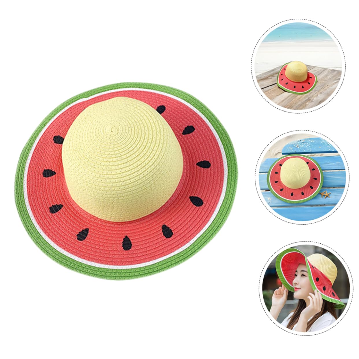 Hemobllo Sombrero Plegable y Transpirable ala Ancha Diseño de Sandía para Niña de Paja y Protección Solar Adecuado para Verano, Playa, Senderismo para Niños