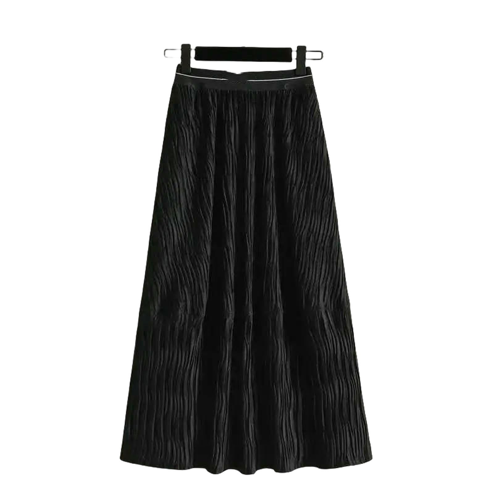 Gonna Lunga Plus Size da Donna in Velluto Dorato A Vita Alta Addensata Longuette Linea Elegante Stile Pendolare Mid Autumn F -Nero-XL