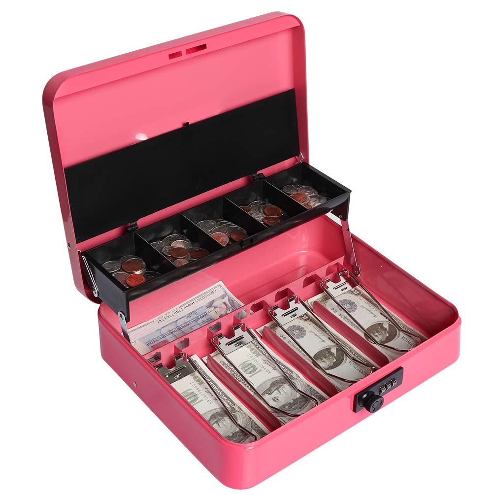 Decaller Metal Cantilever Cash Box with Combination Lock, Large Lock Money Box - 5 Compartments with Cover & 4 Spring-Loaded Clips for Bills, Pink, 11 4/5 x 9 2/5 x 3 1/2