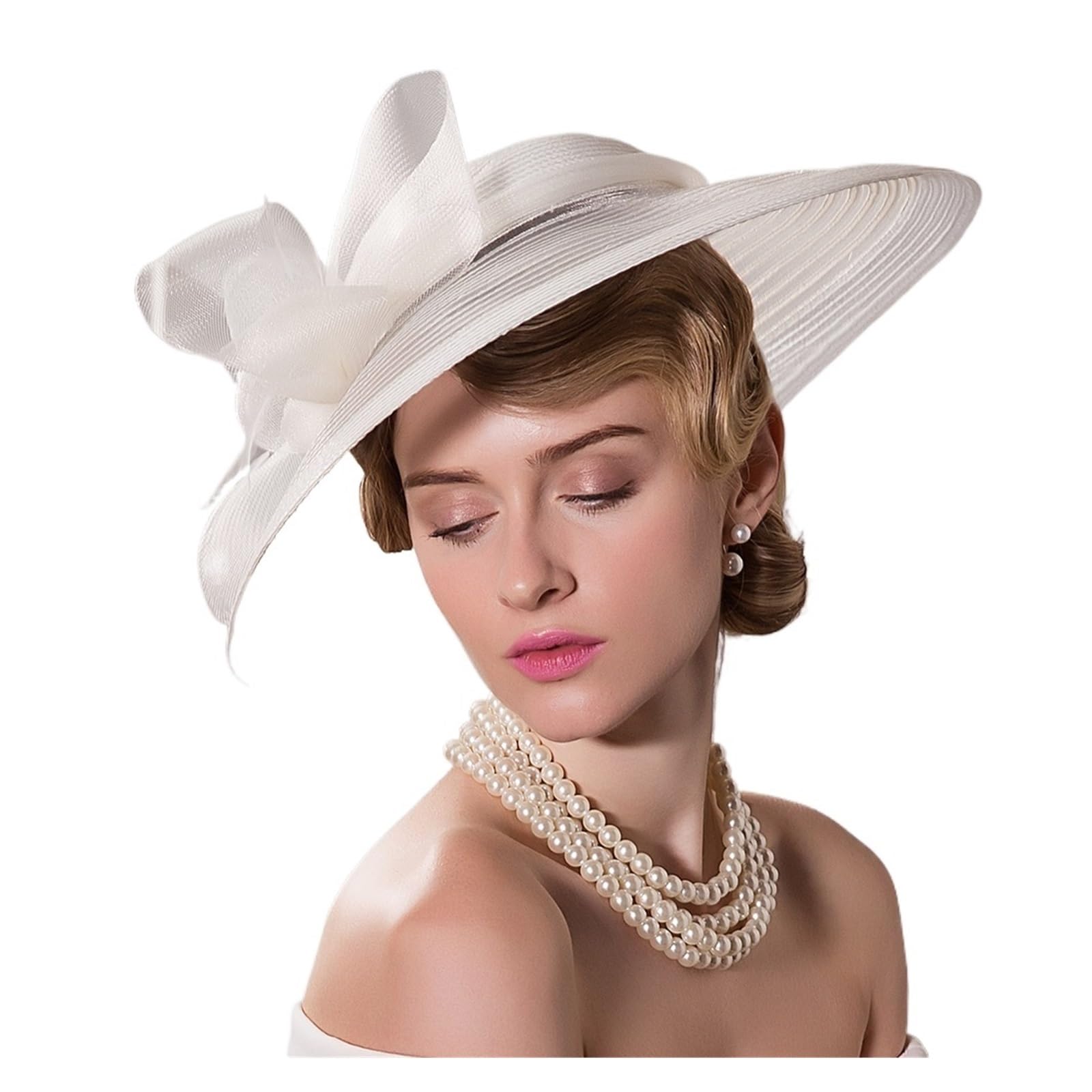 Chapeau De Mariage Elegante Cappello da Cerimonia del tè Kentucky, Bianco, for Donna, a Tesa Larga, Stile Fedora, for Abito Chiesa(Deep Blue)