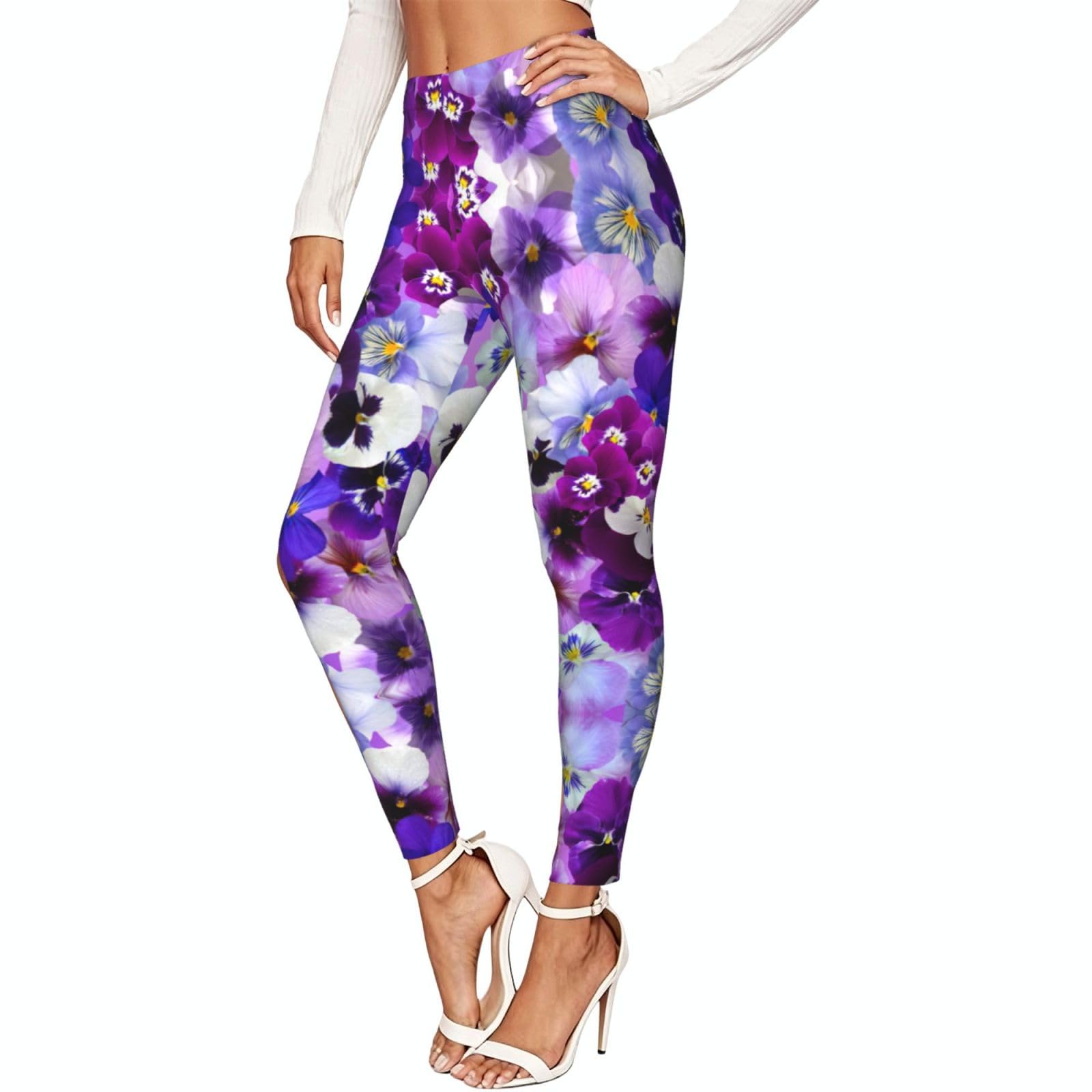 Leggings de compresión para mujer con estampado de flores moradas suave 7