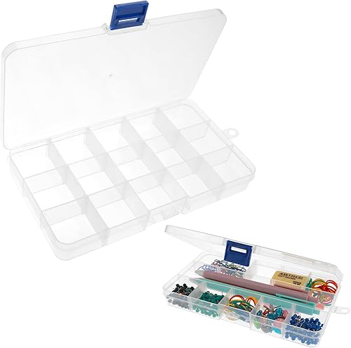 Caja organizadora de plástico transparente de 15 rejillas, caja de almacenamiento para manualidades, manualidades, joyería, aparejos de pesca (15