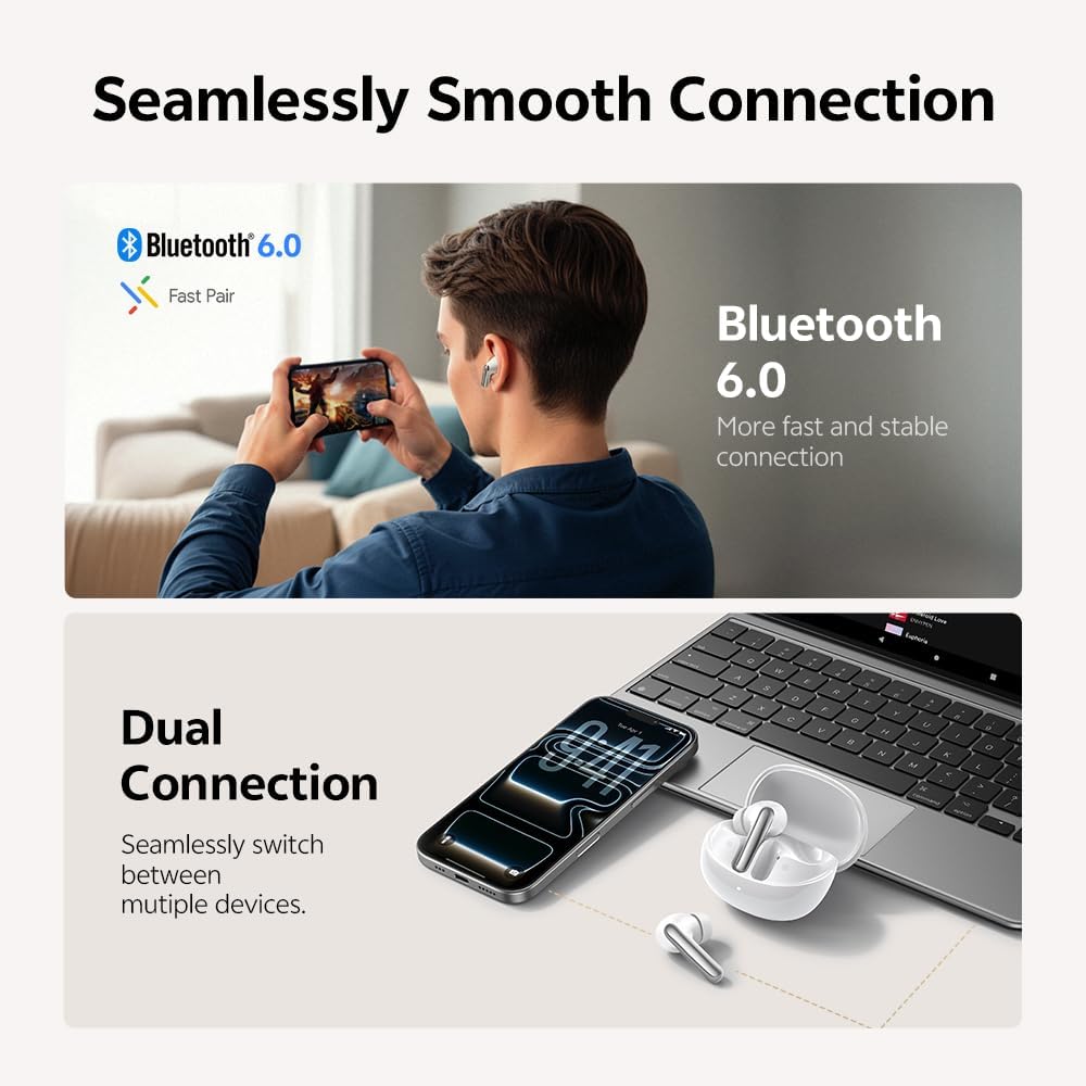 QCY MeloBuds N60 Active Noise Cancelling Wireless Earbuds, 56dB ANC Ear Buds with 6-Mic Wireless LDAC Hi-Res, Dual Drivers, Fast Charging 45H Playtime, Adaptive EQ, IPX5 Waterproof, Bluetooth 6.0