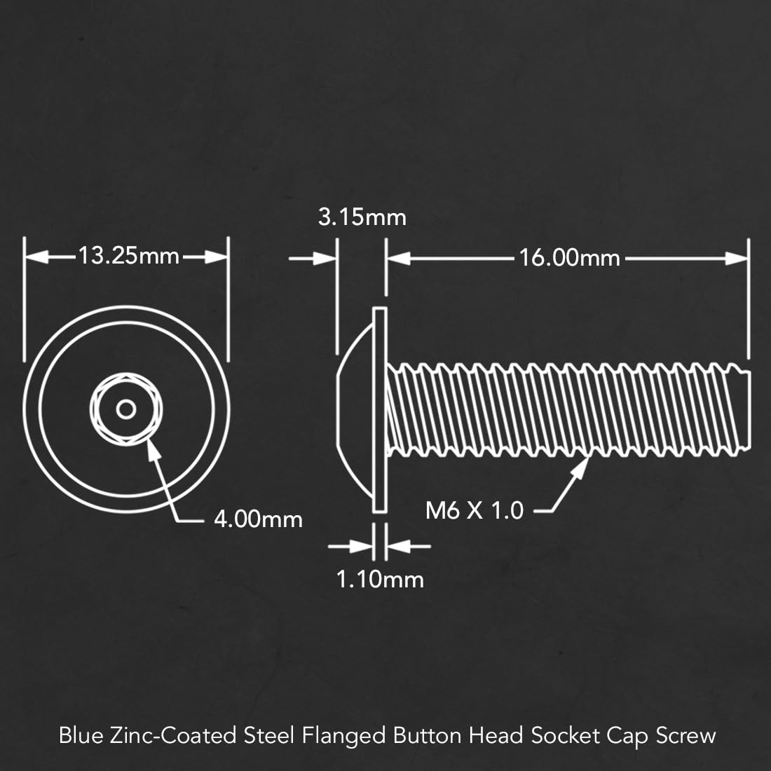 13-6416, Metric, M6 x 16mm Flanged Button Head Socket Cap Screw (FBHSCS) Steel Blue Zinc Finish (25 Pack)