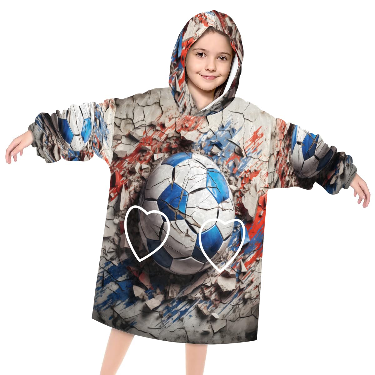 Wearable Blanket Hoodie for Kids, Wall Football Fleece Sweatshirt Blanket Oversized Blanket Sweatshirt with Pocket Flannel Warm Hooded Blanket 6-10 Year Old Girl Boy Gift, One Size