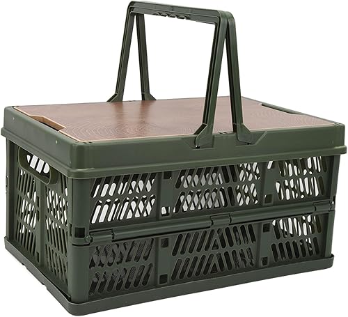 Cesta de picnic plegable, gran capacidad para acampar con asa y tablero de madera móvil, organizador de maletero de automóvil de plástico, cesta de