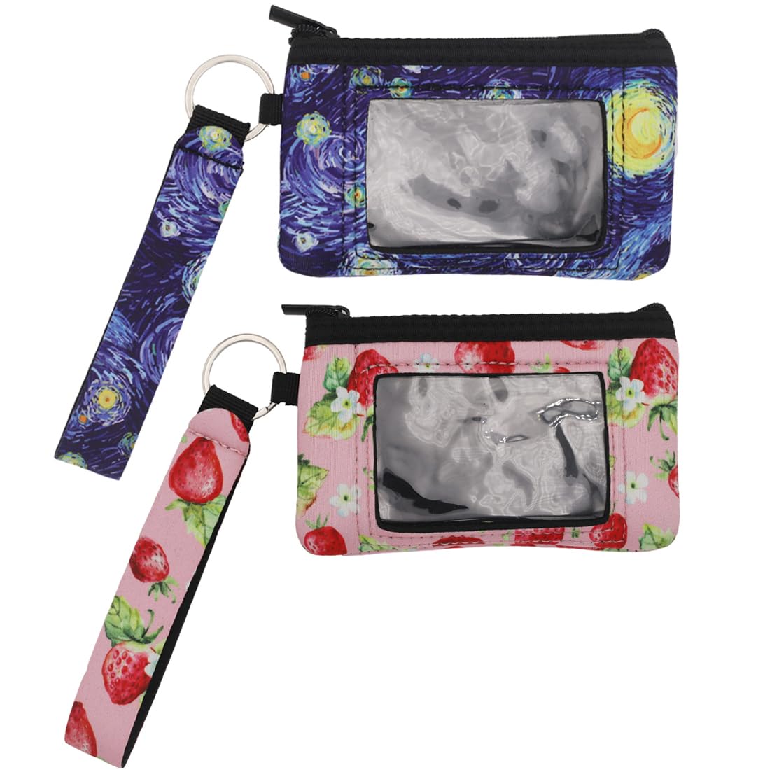 Women's Two Packs ID Case Zipper Wallet Card Holder Pocket Key Coin Pouch Keychain Purse Print Cow Sunflowers (The Starry Night+Pink Strawberry)