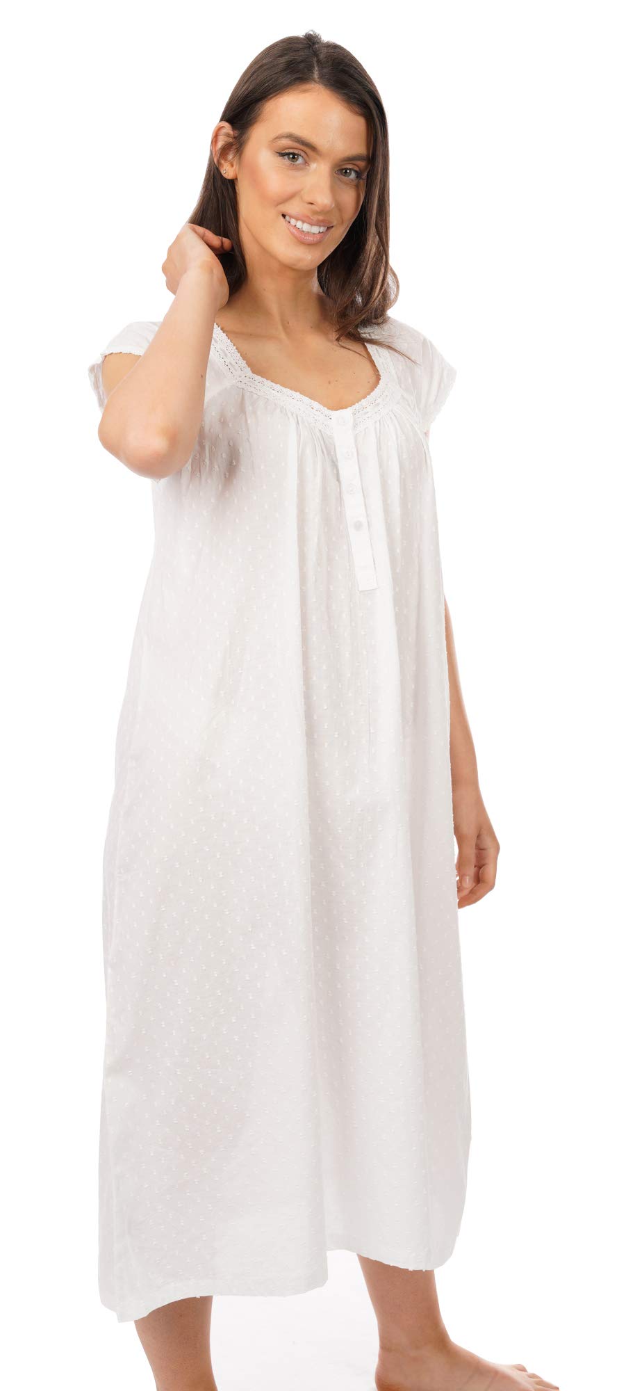 i-Smalls Camisón para mujer, 100% algodón, transpirable, manga corta, con ribete de encaje, diseño victoriano