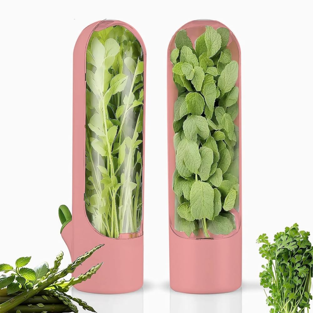 2pcs Fresh Herb Keeper, Herb Saver for Refrigerator, Herb Storage Container Vanilla Keep-Fresh Cup Vegetable Preservation Bottle Keeps Greens Fresh for Cilantro Mint Parsley Asparagus (Pink)