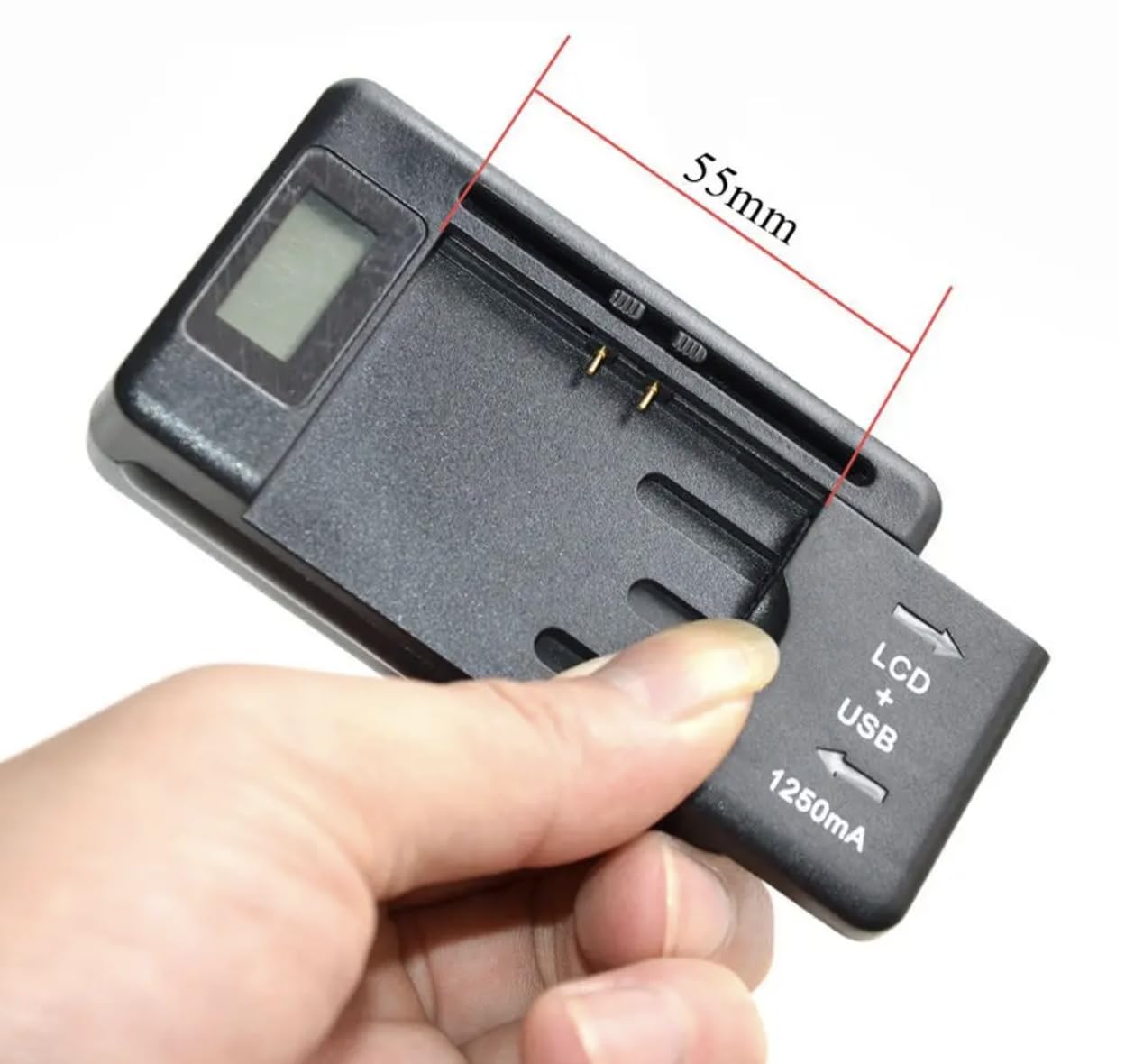 2in1 USB + CA100-240V Caricabatterie | Universale Caricabatterie per Telefono Cellulare per Batterie 32-50mm | Con Schermo LCD | Caricabatterie USB per Fotocamera DSLR Telefono Cellulare