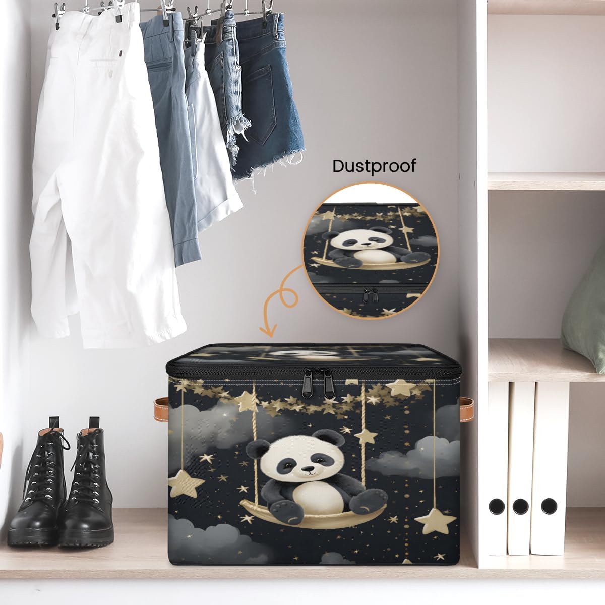 Storage Bin Set of 2 Cute Panda Storage Basket with Zipper Lid & Handle Foldable Closet Shelf 2 Pack Cloth Organizer Basket Cube Bins Clothes Organizer for Bedroom, Nursery