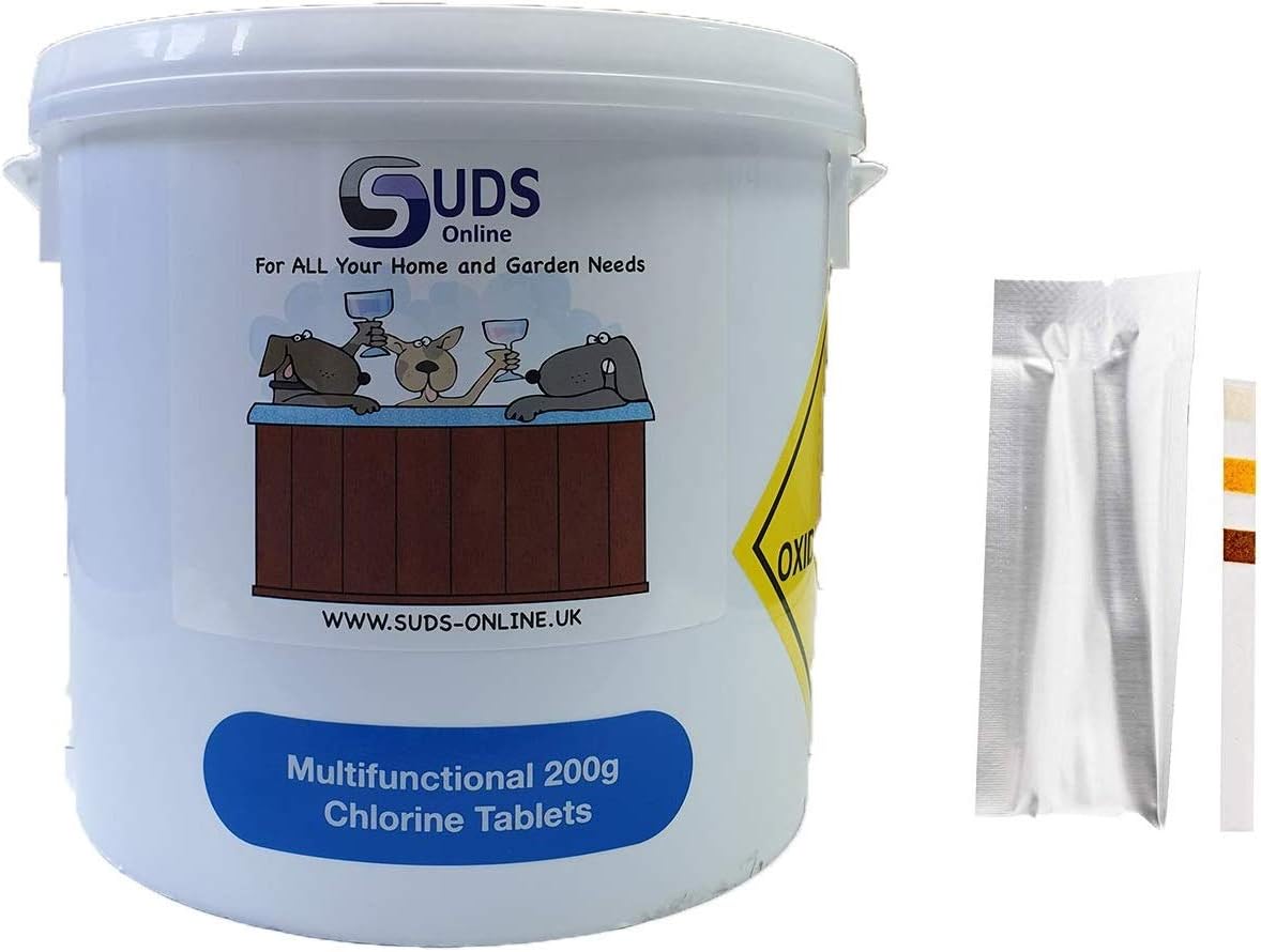 SUDS-ONLINE 5kg Multifunctional Chlorine Tablets 200g Swimming Pool Chemicals + 10 Free Test Strips