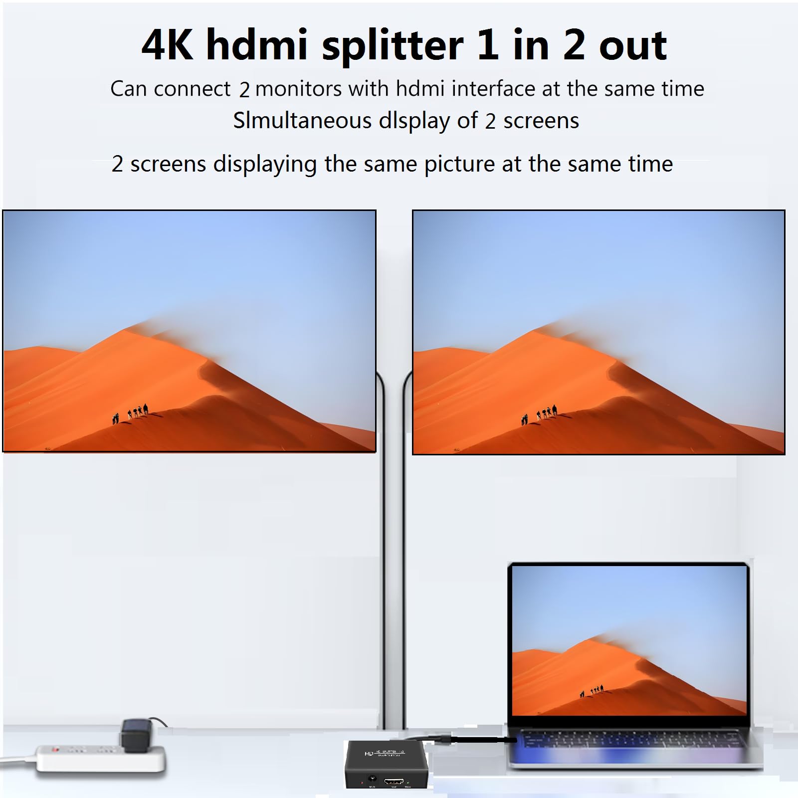 4K1x2 HDMI Splitter 1 in 2 Out, 2 Port Powered hdmi splitters for Dual Monitors Outputs,Mirror/Copy Screen only (Not Extend) 2 Way Splitter Support 4K2K@30Hz, 3D, for Office,PS4,Projector,HDTV.