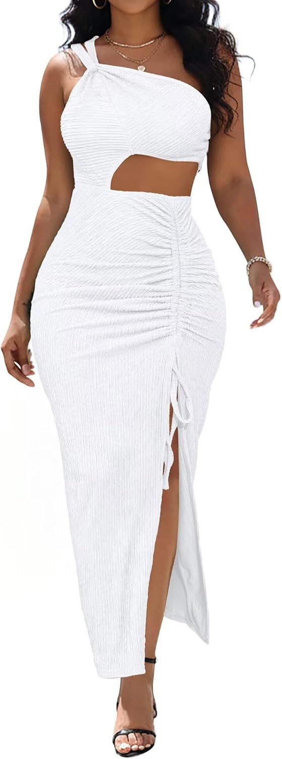 Aro Lora Womens Sexy One Shoulder Cut Out Midi Dress Ruched Side Slit Summer Beach Vacation Bodycon Party Long Dresses