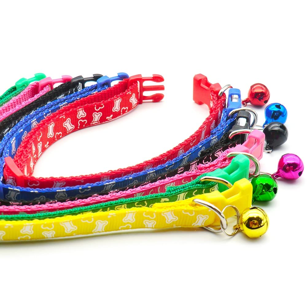 Small Dog Puppy Pet Collar White Bone Design with Bell Nylon Adjustable Size 19-32cm Green, XS - Image 4