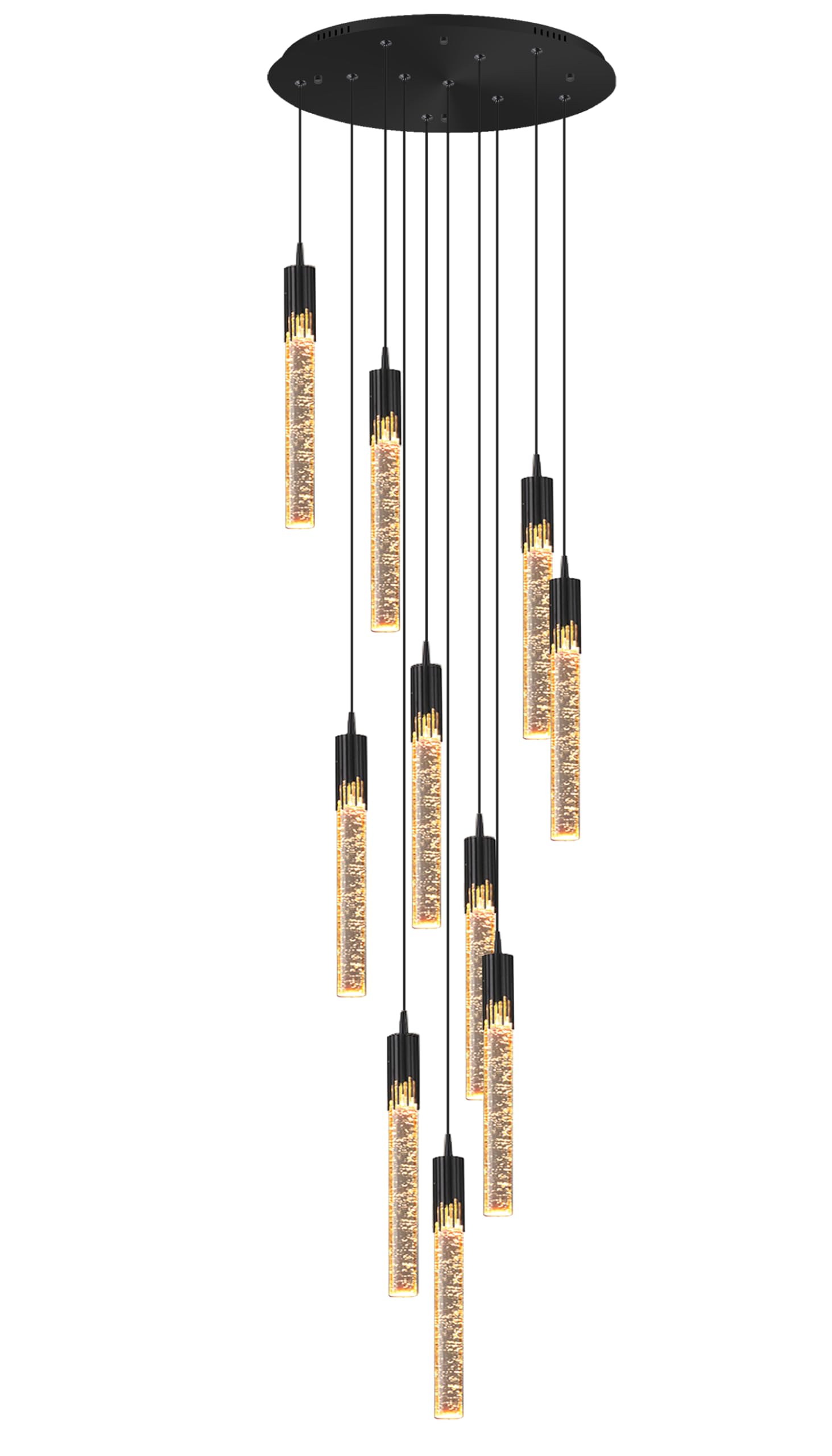3 metry regulowana lampa wisząca z czarnego metalu z 10 ściemnianymi diodami LED do wysokich sufitów, schodów i przedpokojów, bańki 2700 K - 6000 K.