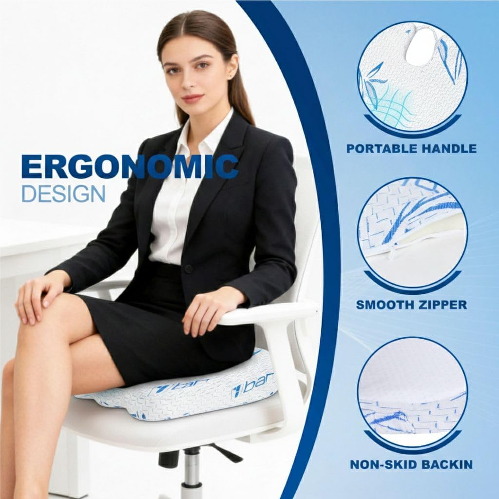 Bamboo Seat Cushion Pillow for Office Chair - Memory Foam Pad for Tailbone, Sciatica, Lower Back Pain Relief, Ergonomic and Non-Slip, Machine Washable Cover (Bamboo, Blue)