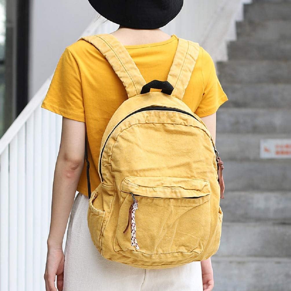 Backpack for Women Men Soft Denim Canvas Bag Casual Travel Backpacks Jeans Daypack Pure Colour Yellow