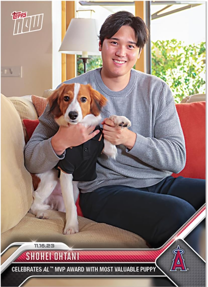 2023 Topps Now Shohei Ohtani #OS-19 - Celebrates AL MVP Award with Most Valuable Puppy- 11/16/23 - Baseball Trading Card- Los Angeles Angels. Card Shipped in Protective Screwdown Holder.