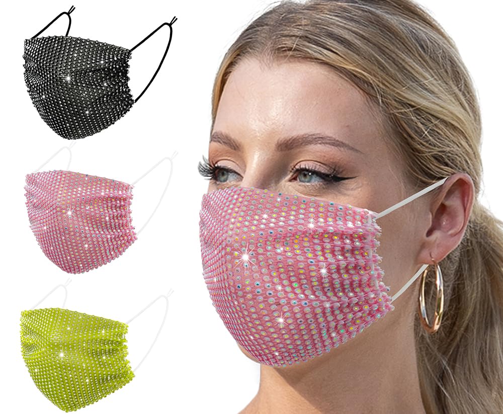 Auriviz 3 Pcs Multi Color Womens Bling Sparkly Masks Female Face Covering Crystal Rhinestone Party Face Mask Party Decor Costume Woman Adult Masks Sequin Glitter Christmas Vacation Decorations