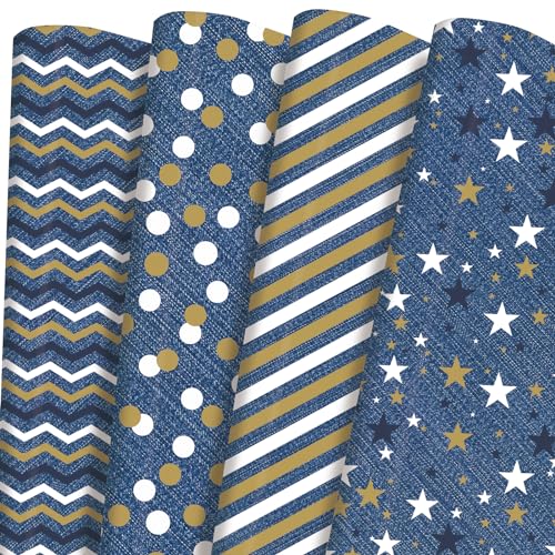 PlandRichW Denim Blue Wrapping Paper Folded for Man Boys Girls Birthday Vintage Blue Gift Wrap for Fathers Day Christmas Wedding Party Holiday Pre-cut 12 Sheets Each 20 X 29