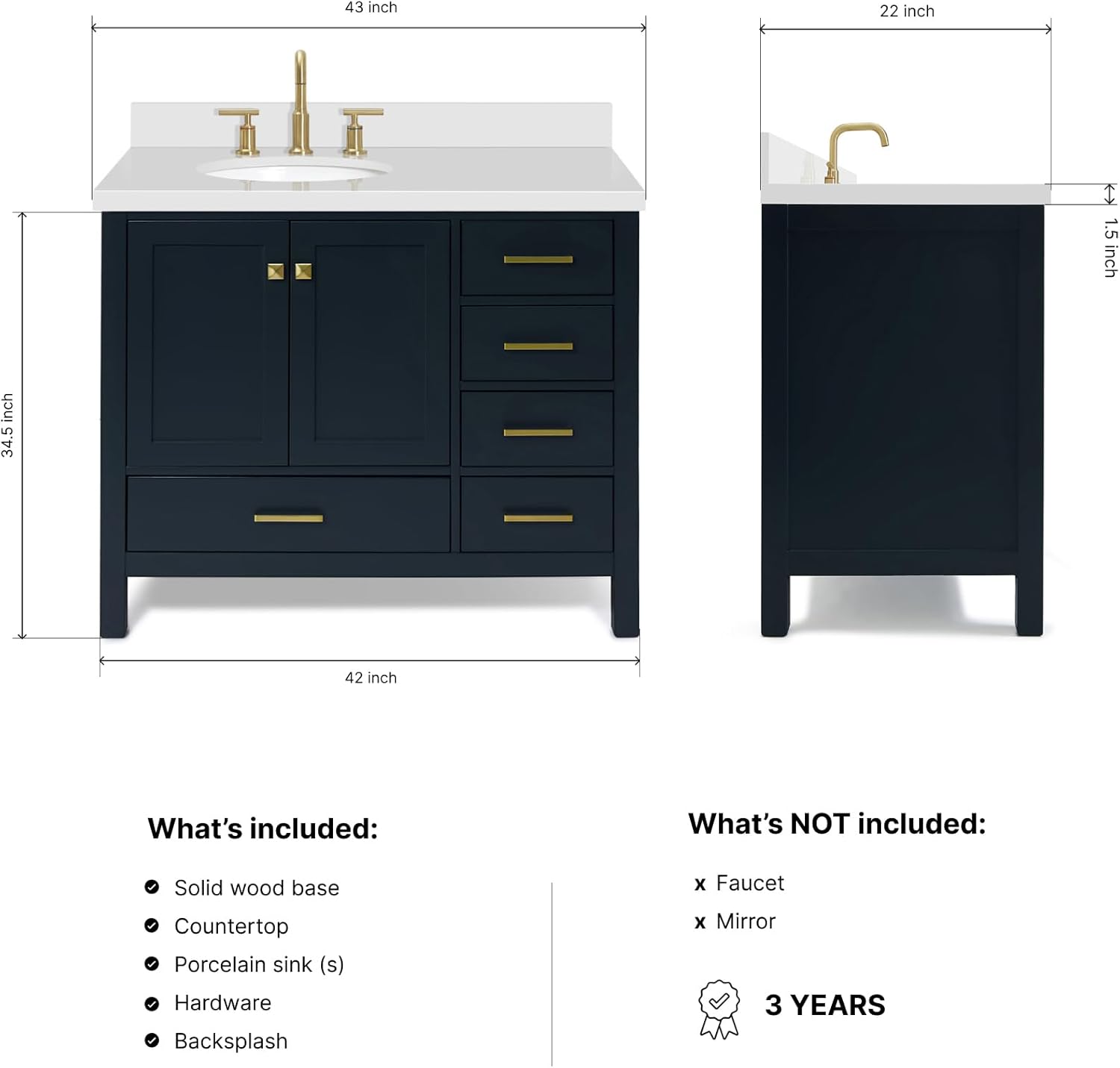 ARIEL Cambridge 42-inch Bathroom Vanity with Sink,Solid Wood, 1.5-inch Pure White Quartz Countertop & Backsplash, Single Oval Porcelain Sink, 2 Soft Closing Doors, 5 Dovetail Drawers, Midnight Blue