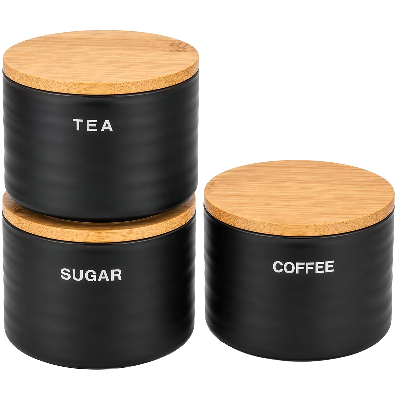 EVERGOODS 3 Pieces Glass Jar Set with Bamboo Lid Tea Coffee Sugar Canister Kitchen Storage Containers Airtight Food Canisters tea caddy stackable tea coffee sugar canisters (Black)