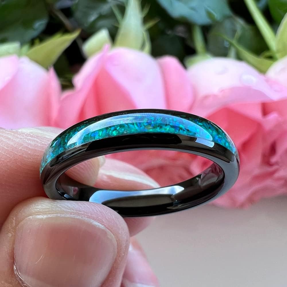 4mm Silver/Black Tungsten Rings for Women Men Engagement Wedding Bands Genuine Blue Green Galaxy Opal Inlay Domed Polished Comfort Fit - Image 3
