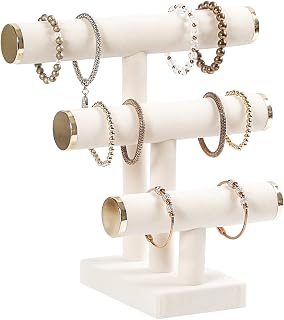 Pengup 3-Tier Velvet Bracelet Holder Stand - Beige White Jewelry Display Organizer for Necklaces, Scrunchies, Watches & Hair Ties