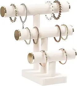 Suporte de pulseira de 3 níveis, suporte de exibição de pulseira com tampa de metal, organizador de joias de veludo branco bege para colar, relógios e laços de cabelo.
